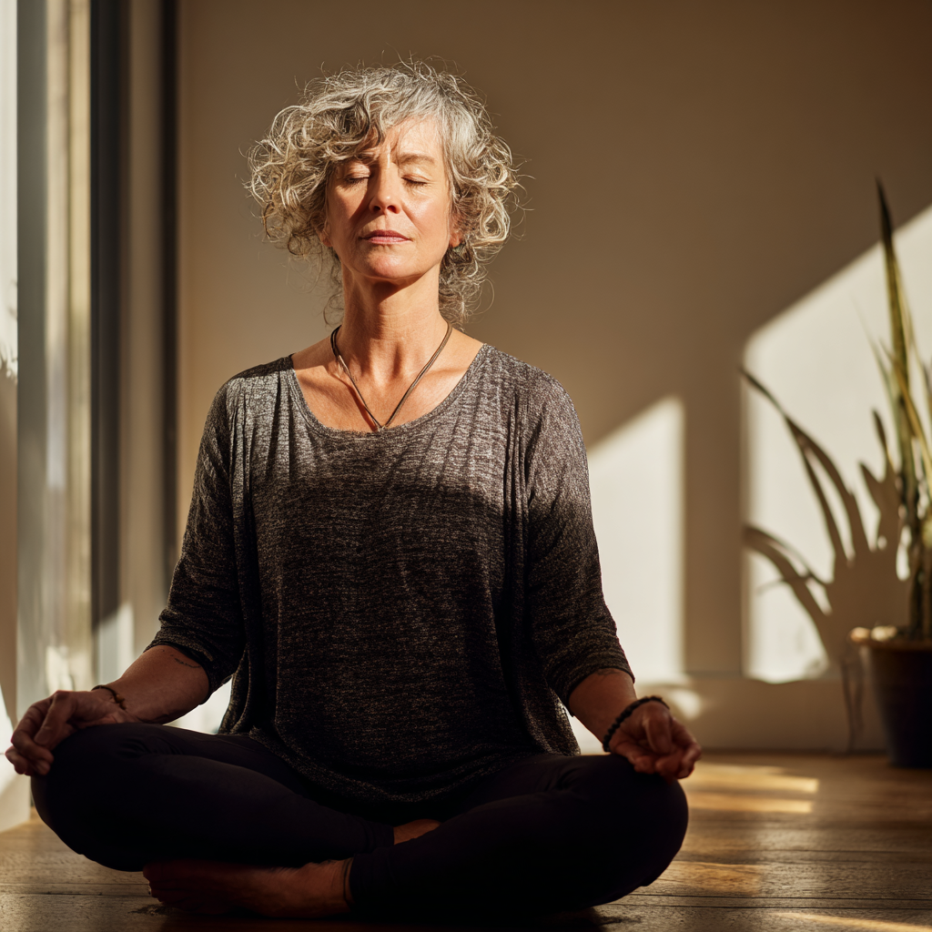 Middle-aged woman practicing gentle yoga poses in natural light