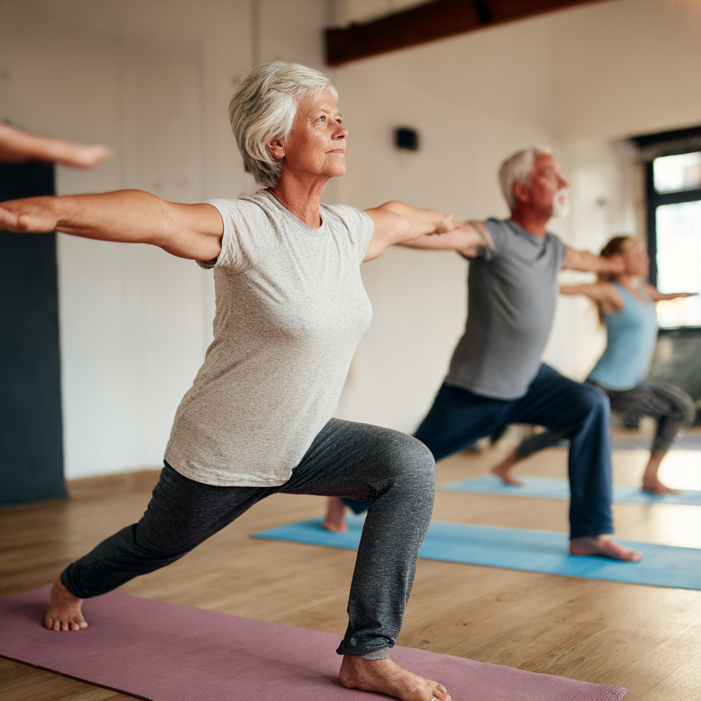 Older adults practicing yoga poses in a peaceful studio setting